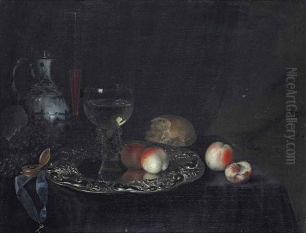 A Roemer With White Wine And Two Peaches On A Silver Plate, With A Golden Watch, A Porcelain Jug With A Silver Lid, A Bread Roll And Peaches On A Draped Table Before A Curtain Oil Painting by Simon Luttichuys