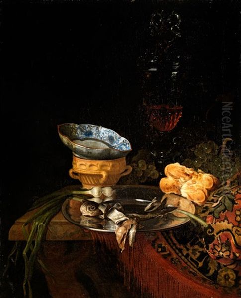 Stilleben Mit Silberteller, Porzellanschale Und Hohem Glaspokal Oil Painting by Simon Luttichuys