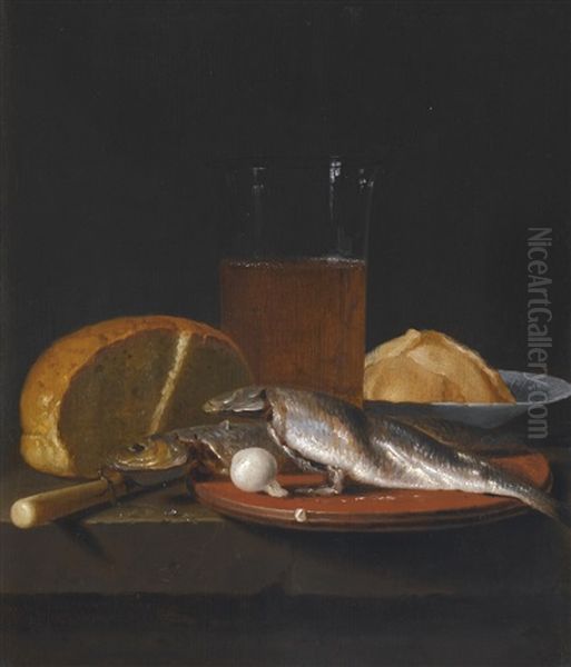 Still Life With Mackerel, Bread, A Pewter Plate And A Glass Of Beer On A Table Oil Painting by Simon Luttichuys