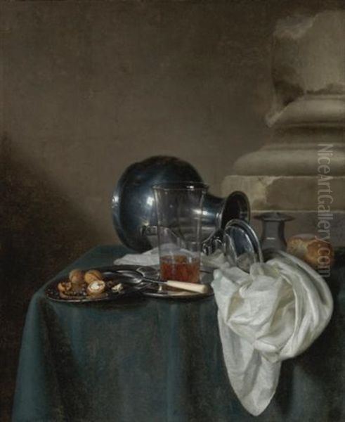 A Still Life With A Pewter Jug On Its Side, A Glass Of Ale, A Salt Cellar, A Bread Roll And Other Objects On A Table Draped In A Dark Green Cloth Oil Painting by Simon Luttichuys