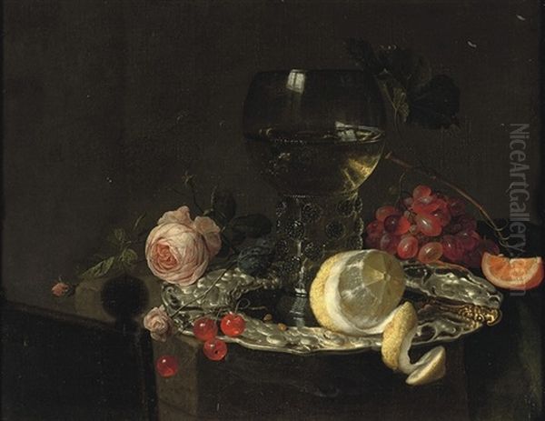 A Roemer With White Wine, A Partially Peeled Lemon, Cherries And Other Fruit On A Silver Plate With A Rose And Grapes On A Stone Ledge Oil Painting by Simon Luttichuys