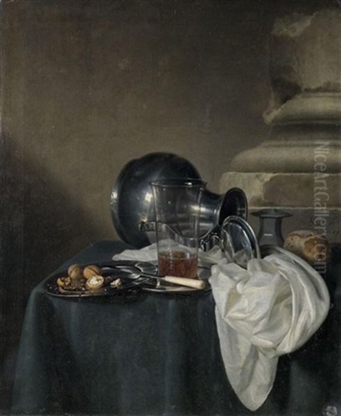 A Still Life With A Pewter Jug On Its Side, A Glass Of Beer And Walnuts On Pewter Dishes, All Arranged On A Table Draped With A Green Cloth Oil Painting by Simon Luttichuys