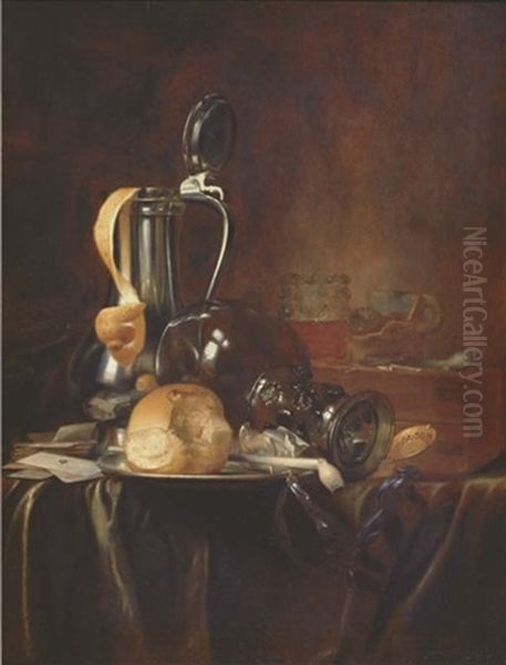 A Pewter Jug And Cover With A Peeled Lemon, A Roemer, A Bread Roll And A Pipe On A Pewter Plate With Cards, Books And A Pocket Watch, On A Draped Table Oil Painting by Simon Luttichuys