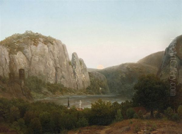 Rheinlandschaft Mit Bergen Und Burgruine In Der Abenddammerung Oil Painting by August Luettmann