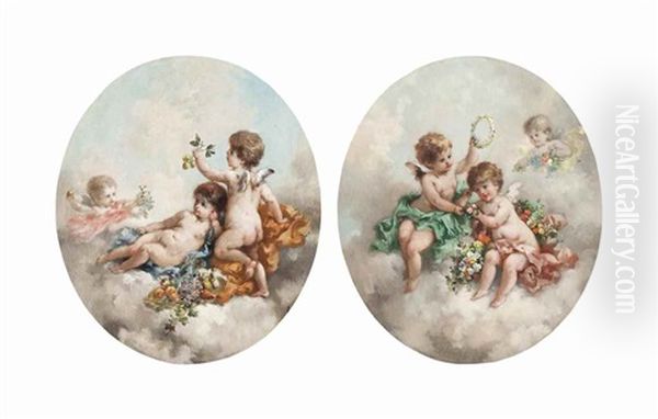 Putti Disporting In The Clouds (pair) Oil Painting by Charles Augustus Henry Lutyens