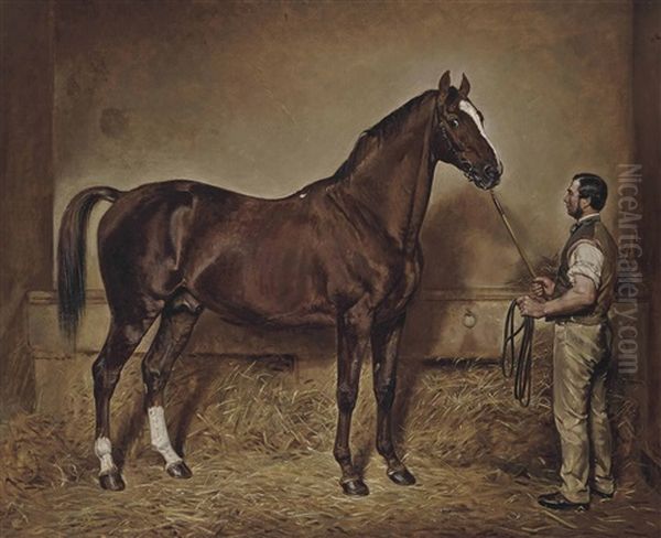 Lord Exeter's Stallion Stockwell Held By His Groom In A Loose Box Oil Painting by Charles Augustus Henry Lutyens