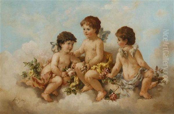 Three Cherubs Seated On A Cloud Holding Flowers Oil Painting by Charles Augustus Henry Lutyens