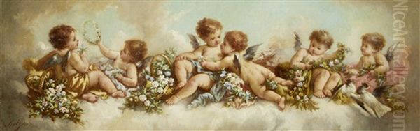 Amorini Amidst Garlands On A Cloud Oil Painting by Charles Augustus Henry Lutyens