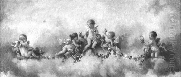 Mit Girlanden Spielende Putti In Den Wolken Oil Painting by Charles Augustus Henry Lutyens