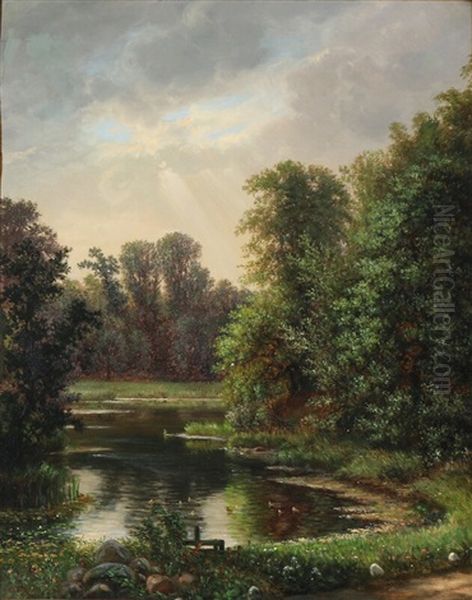 View From Bondedammen Near Hellebaek Oil Painting by N. A. Luetzen