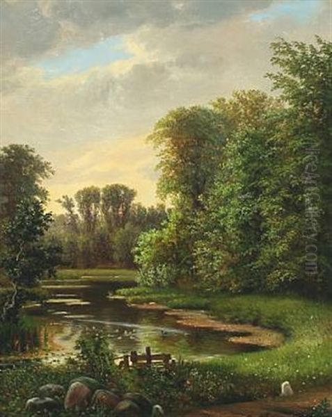 Scenery From A Forest Lake With Swimming Ducks And Ducklings Oil Painting by N. A. Luetzen