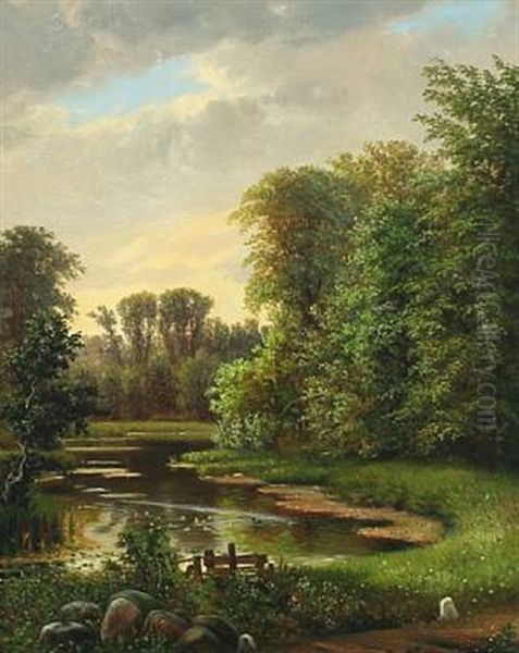 Scenery From A Forest Lake With Swimming Ducks And Ducklings Oil Painting by N. A. Luetzen