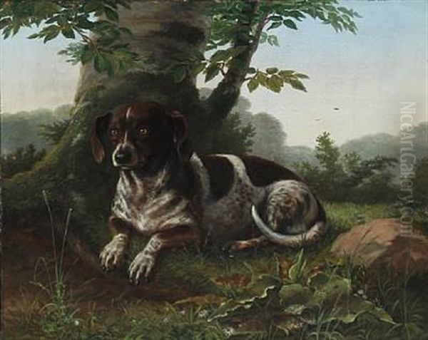 A Hunting Dog Oil Painting by N. A. Luetzen