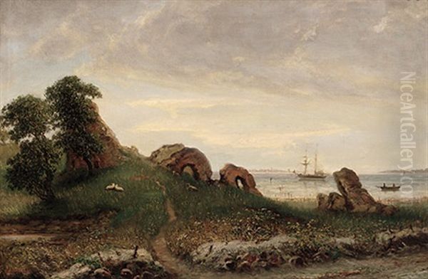 Abendliches Uferstuck Mit Blick Auf Zweimastbark. Ruhende Schafe Auf Ruinenfeld Mit Strandhafer Oil Painting by N. A. Luetzen