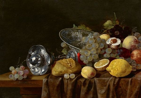 Still Life With A Silver Chalice, Wanli Bowl, And Fruit Oil Painting by Christiaan Luycks