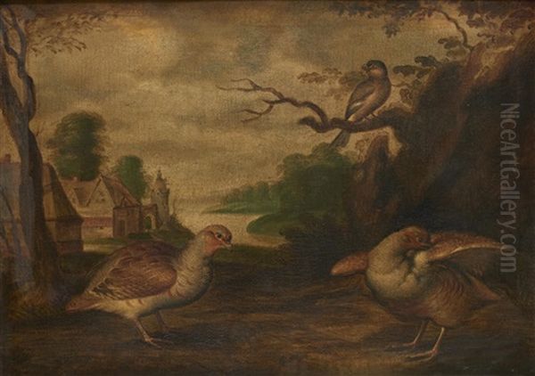 Poules Et Oiseau Dans Un Paysage; Poules Et Champignons Dans Un Paysage (pair) Oil Painting by Christiaan Luycks