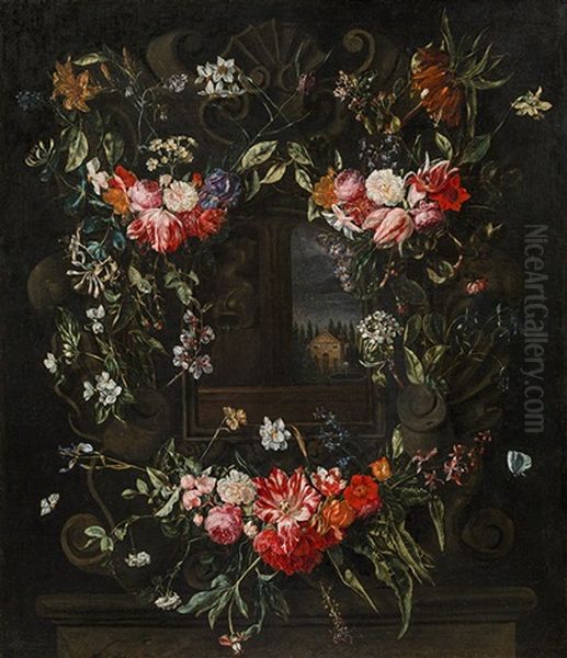 A Flower Garland Around A Cartouche With Landscape View Oil Painting by Christiaan Luycks