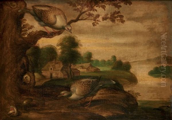 Poules Et Oiseau Dans Un Paysage; Poules Et Champignons Dans Un Paysage (pair) Oil Painting by Christiaan Luycks