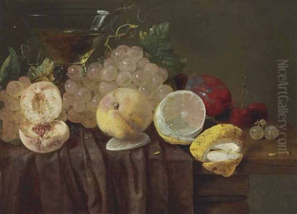 Grapes, Peaches, A Lemon, Plums, Cherries And A Roemer On A Partially-draped Table Oil Painting by Christiaan Luycks