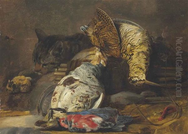 A Woodcock, Partridge, Kingfisher, Finches And A Cat, With A Decoy Whistle And A Wooden Snare Oil Painting by Christiaan Luycks