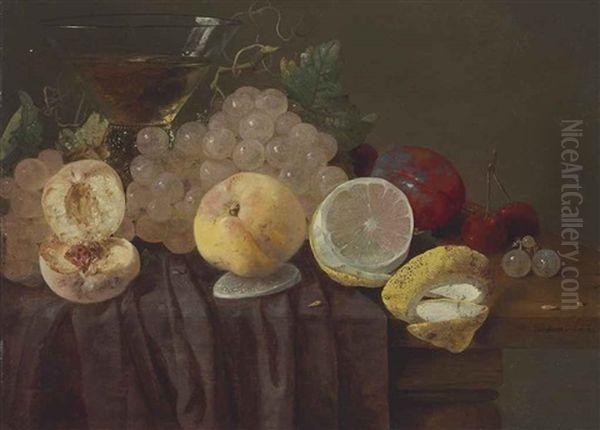 Grapes, Peaches, A Lemon, Plums, Cherries And A Roemer On A Partially-draped Table Oil Painting by Christiaan Luycks