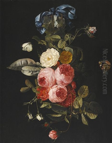 Still Life Of Pink, Yellow And White Roses Hanging From A Blue Ribbon With A Red Admiral And A Cabbage White by Christiaan Luycks