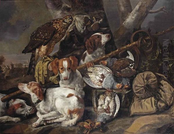 A Hunting Still Life Of Partridges With Four Springer Spaniels, A Hawk, A Game-bag And Belt And Other Hunting Gear In A Landscape Oil Painting by Christiaan Luycks