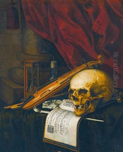 A Vanitas Still Life With A Skull, A Violin, A Musical Score, A Pipe And Tobacco, An Hourglass And A Candle On A Draped Table Oil Painting by Christiaan Luycks