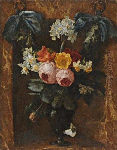 A Still Life Of Roses, Daffodils, Jonquils, And Other Flowers In A Glass Vase In A Marble Niche Oil Painting by Christiaan Luycks