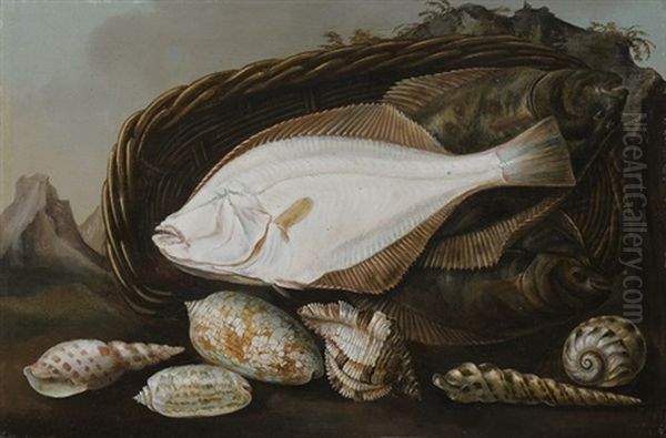 Nature Morte Dans Un Paysage Aux Turbots Et Coquillages Oil Painting by Christiaan Luycks