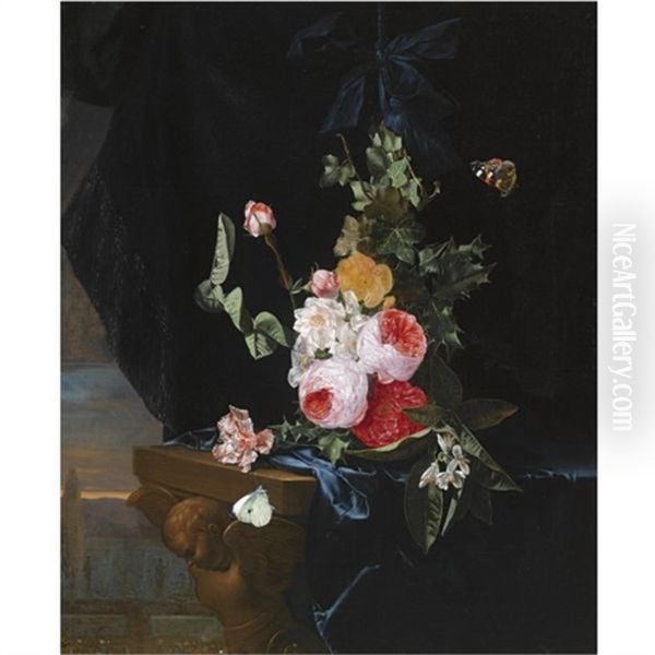 A Swag Of Roses And Thistle-leaf, Tied With A Blue Ribbon, Before A Blue Velvet Drapery On A Sculpted Table, Together With A Red Admiral And A Cabbage Butterfly, A Landscape Beyond Oil Painting by Christiaan Luycks