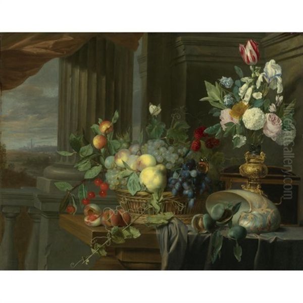 Still Life Of A Basket Of Fruit, Flowers In A Gilt Vase, A Nautilus Shell And Other Objects On A Draped Table Near An Open Window, A Landscape Beyond Oil Painting by Christiaan Luycks