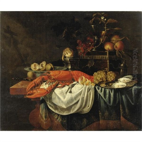 Natura Morta Con Frutta, Aragosta, Ostriche Ed Altri Oggetti Su Un Tavolo Oil Painting by Christiaan Luycks