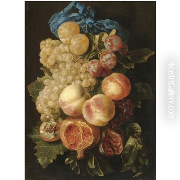 A Still Life With Plums, Grapes, Peaches And A Pomegranate, Tied With A Blue Ribbon Oil Painting by Christiaan Luycks