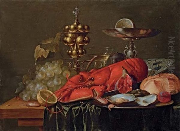 A Lobster On A Blue And White Porcelain Platter, Oysters, A Shrimp, A Plum And A Fig On A Pewter Plate, A Bread Roll, A Pewter Tazza, A Gold Stand And Grapes On A Partly-draped Wooden Table Oil Painting by Christiaan Luycks