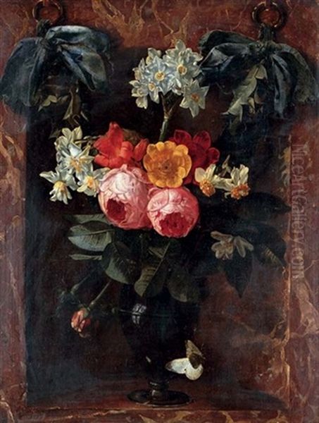 Roses, Narcissus And Anemone In A Glass Vase, Set Within A Marble Niche, A Festoon Behind Oil Painting by Christiaan Luycks