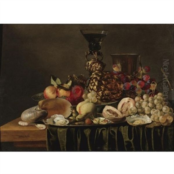 Still Life With A Gilt Cup And Glass Holder, A Silver Beaker, A Nautilus Shell, Fruit And Oysters Arranged On A Draped Ledge Oil Painting by Christiaan Luycks