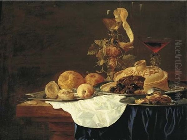 A Pie On A Silver Plate, A Lemon And Peaches On A Platter, With Hazlenuts On A Plate, A Roemer And A Glass Of Red Wine On A Partly-draped Table Oil Painting by Christiaan Luycks