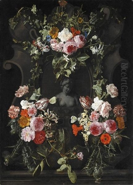 A Female Stone Bust Set In A Stone Cartouche, Surrounded By A Garland Of Flowers Including Roses, Parrot Tulips, A Poppy And Thistles Oil Painting by Christiaan Luycks