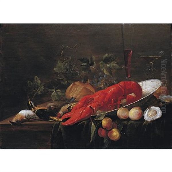 Still Life Of A Lobster In A Wanli Kraak Porcelain Bowl, With Peaches, Grapes, Bread, Oysters, Glasses Of Wine, A Kingfisher, Goldcrest And Other Songbirds, Arranged Upon A Table Oil Painting by Christiaan Luycks