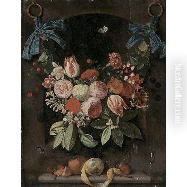 A Festoon Of Flowers Suspended By Blue Ribbons Before A Niche, With A Peeled Lemon, Cherries, An Orange And A Plum Resting On A Ledge Below Oil Painting by Christiaan Luycks