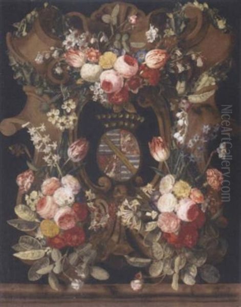 A Garland Of Roses, Carnations, Snowdrops, Honeysuckle, Morning Glory And Other Flowers Around A Stone Cartouche With A Coat-of-arms Oil Painting by Christiaan Luycks