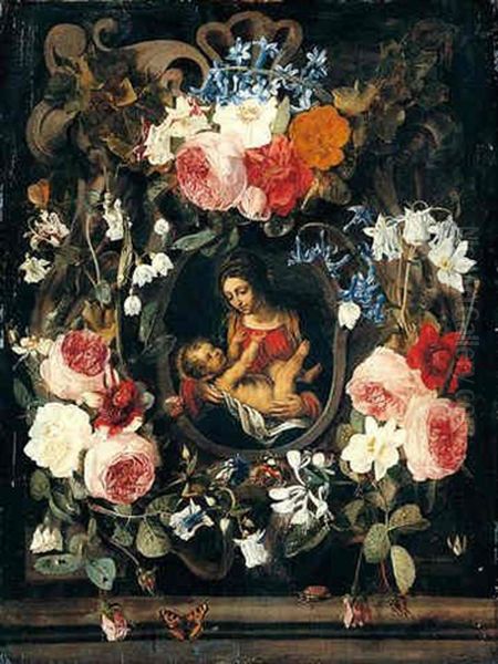 A Still Life Of A Garland Of Flowers With The Virgin And Child Set Within A Stone Cartouche Oil Painting by Christiaan Luycks