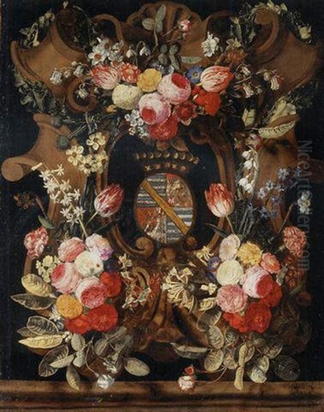 A Garland Of Roses, Carnations, Snowdrops, Honeysuckle, Morning Glory And Other Flowers Around A Stone Cartouche With A Coat-of-arms Oil Painting by Christiaan Luycks