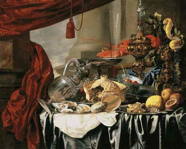 A Pronk Still Life With A Silver Jug, Oysters On A Pewter Plate, A Nautilus-shell, A Pie, A Silver Tazza, A Tall Flute, Fraises De Bois In A Wanli Bowl, A Lemon And A Spoon... Oil Painting by Christiaan Luycks