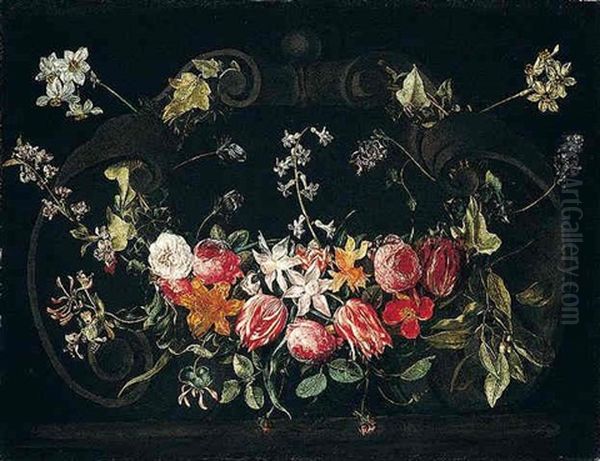 A Garland Of Flowers Including Roses, Tulips, Narcissi, Honeysuckle And Ivy Adorning A Stone Cartouche Oil Painting by Christiaan Luycks