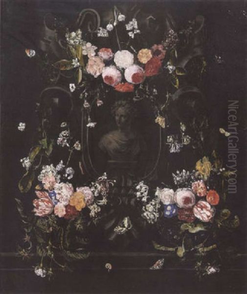 Swags Of Mixed Flowers With Butterflies, Caterpillars, A Ladybird And A Snail Surrounding A Sculpted Stone Cartouche With A Bust Of Flora Oil Painting by Christiaan Luycks