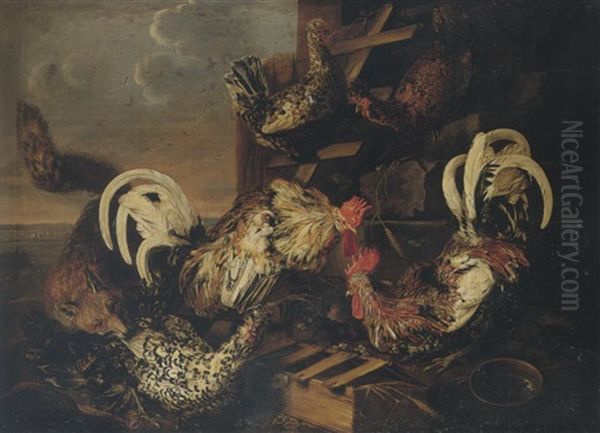 Farmyard Scene With A Fox Attacking Bantams Oil Painting by Christiaan Luycks