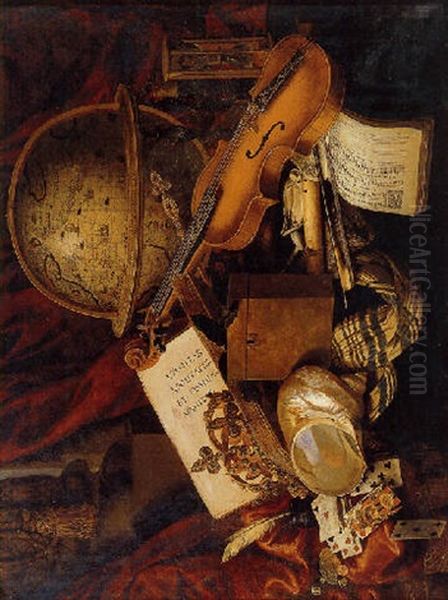 A Still Life With A Nautilus Shell, Playing Cards, A Crown, A Violin, A Globe And Other Objects Resting On A Draped Table Oil Painting by Christiaan Luycks