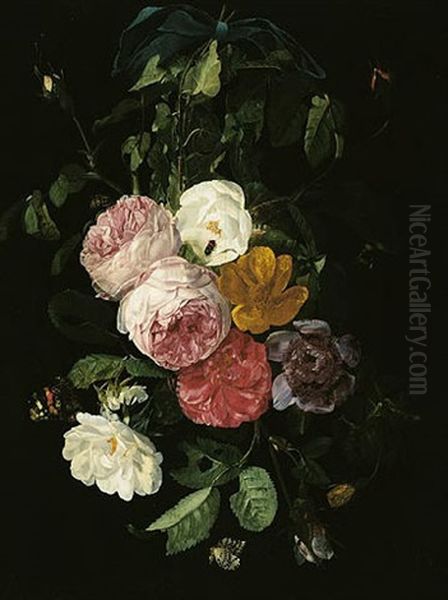 A Still Life Of A Bouquet Of Roses Hanging By A Blue Ribbon From A Nail Oil Painting by Christiaan Luycks